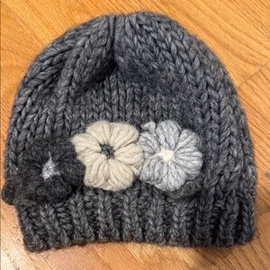 Cozy Gray Knit Beanie with Floral Accents